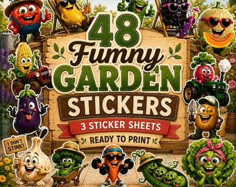 48 divertenti adesivi da giardino, adesivi PNG stampabili, clipart da giardino, simpatici adesivi di verdure, download digitale, Cricut, Silhouette