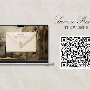 K&ouml;nnte beinhalten: Ein Laptop-Bildschirm zeigt eine digitale Hochzeitseinladung mit einem Umschlag mit Spitzenbesatz und Wachssiegel, mit dem Text The Wedding of Alice & James und Click to Open. Daneben befindet sich ein QR-Code mit dem Text Scan to Preview THE WEBSITE.