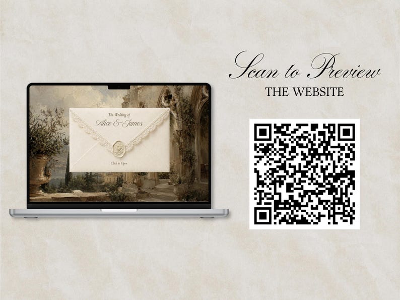 K&ouml;nnte beinhalten: Ein Laptop-Bildschirm zeigt eine digitale Hochzeitseinladung mit einem Umschlag mit Spitzenbesatz und Wachssiegel, mit dem Text The Wedding of Alice & James und Click to Open. Daneben befindet sich ein QR-Code mit dem Text Scan to Preview THE WEBSITE.