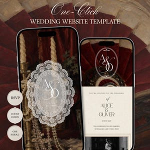 May include: Two smartphones displaying a wedding website template. The screen shows a white lace oval frame with the monogram A&O, the text One-Click Wedding Website Template, RSVP, Count Down, One Scroll, and Alice & Oliver 20 July 2027.