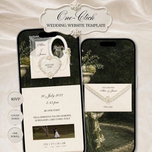 Op de afbeelding: Twee smartphones tonen een trouwwebsite-sjabloon met een donkere tuinachtergrond. De schermen bevatten crèmekleurige enveloppen, sierlijke hart- en ovaalvormige kaders en tekst waaronder Alice & James, 20 juli 2027 en Villa Serenata.