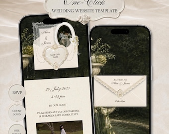 Peut inclure: Deux smartphones affichant un modèle de site web de mariage sur un fond de jardin sombre. Les écrans présentent des enveloppes crème, des cadres ovales et en forme de cœur, avec le texte Alice & James, 20 juillet 2027 et Villa Serenata.