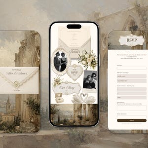 K&ouml;nnte beinhalten: Ein digitales Hochzeitseinladungs-Set auf drei Smartphone-Bildschirmen mit einem cremefarbenen Umschlag mit Wachssiegel, einer herzf&ouml;rmigen RSVP-Karte, einer Ringschatulle, zwei wei&szlig;en Schw&auml;nen und einem Online-Formular mit dem Text RSVP und Our Story.