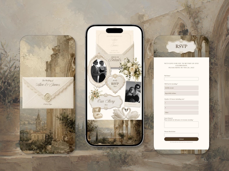 K&ouml;nnte beinhalten: Ein digitales Hochzeitseinladungs-Set auf drei Smartphone-Bildschirmen mit einem cremefarbenen Umschlag mit Wachssiegel, einer herzf&ouml;rmigen RSVP-Karte, einer Ringschatulle, zwei wei&szlig;en Schw&auml;nen und einem Online-Formular mit dem Text RSVP und Our Story.