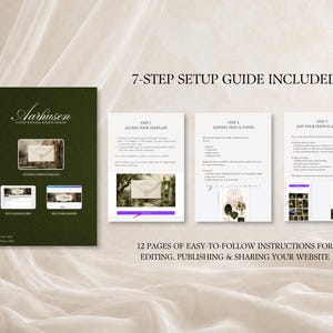 K&ouml;nnte beinhalten: Eine 7-Schritte-Einrichtungsanleitung f&uuml;r eine Hochzeits-Website-Vorlage mit einem dunkelgr&uuml;nen Deckblatt mit dem Titel Aarhusen Luxury Wedding Website Designs sowie drei wei&szlig;en Anleitungsseiten mit Text und kleinen Screenshots.