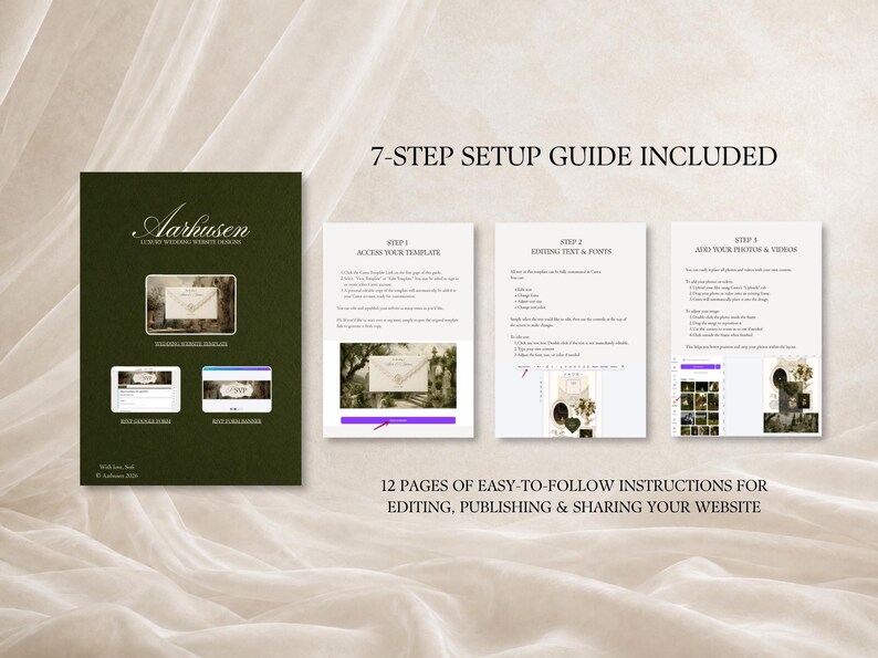 K&ouml;nnte beinhalten: Eine 7-Schritte-Einrichtungsanleitung f&uuml;r eine Hochzeits-Website-Vorlage mit einem dunkelgr&uuml;nen Deckblatt mit dem Titel Aarhusen Luxury Wedding Website Designs sowie drei wei&szlig;en Anleitungsseiten mit Text und kleinen Screenshots.
