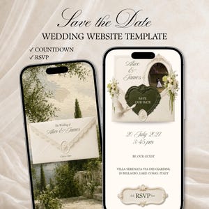 May include: Two smartphones displaying a wedding website template. The screens show the text Save the Date, Wedding Website Template, Countdown, RSVP, Alice & James, 20 July 2027, 3:45 pm, Be Our Guest, Villa Serenata, and Lake Como, Italy.