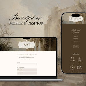 K&ouml;nnte beinhalten: Ein Laptop und ein Smartphone, die eine digitale Hochzeits-Einladungs-Website anzeigen. Der Laptop-Bildschirm zeigt ein RSVP-Formular mit dem Text RSVP, w&auml;hrend das Smartphone Veranstaltungsdetails unter der &Uuml;berschrift The Details anzeigt.