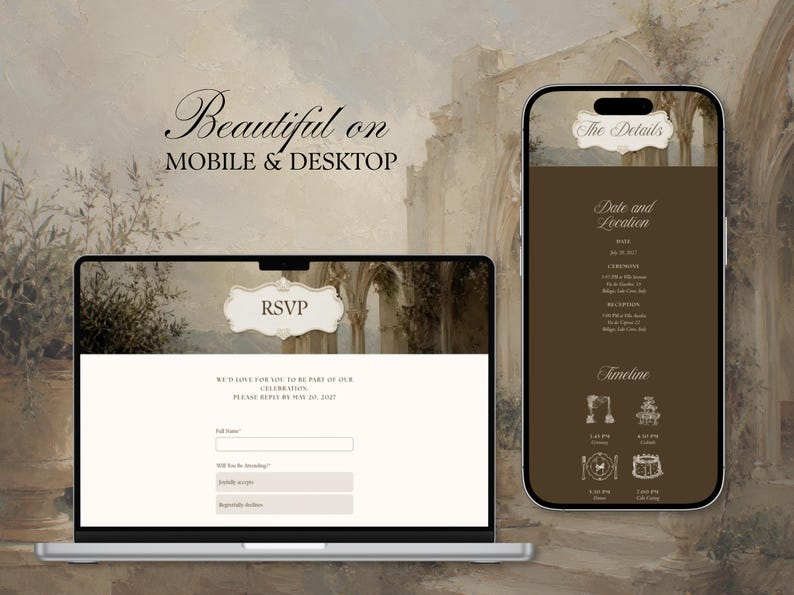 K&ouml;nnte beinhalten: Ein Laptop und ein Smartphone, die eine digitale Hochzeits-Einladungs-Website anzeigen. Der Laptop-Bildschirm zeigt ein RSVP-Formular mit dem Text RSVP, w&auml;hrend das Smartphone Veranstaltungsdetails unter der &Uuml;berschrift The Details anzeigt.