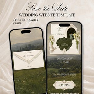 May include: Two smartphones displaying a wedding website template with a landscape background of rolling hills. The screens feature an envelope graphic, a heart-shaped frame, white floral arrangements, a dove, and text including Save the Date, Alice & James, 20 July 2027, and RSVP.