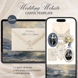 Puede incluir: Una plantilla digital de sitio web de bodas de Canva mostrada en una tableta y un teléfono inteligente. Las pantallas muestran un sobre con el texto The Wedding of Alice & James, botones de RSVP, marcos de fotos, un ramo y un temporizador de 408:00:28.