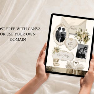 K&ouml;nnte beinhalten: Ein digitales Tablet mit einer Hochzeits-Einladungsvorlage und dem Text HOST FREE WITH CANVA OR USE YOUR OWN DOMAIN. Der Bildschirm zeigt verzierte Rahmen, einen Blumenstrau&szlig;, eine Ringschatulle, zwei Schw&auml;ne und Schwarz-Wei&szlig;-Fotos eines Paares.