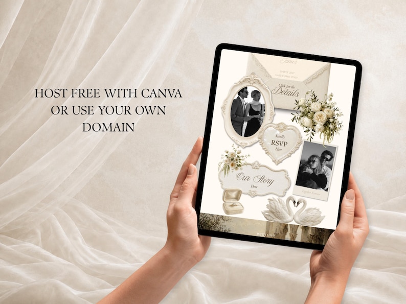 K&ouml;nnte beinhalten: Ein digitales Tablet mit einer Hochzeits-Einladungsvorlage und dem Text HOST FREE WITH CANVA OR USE YOUR OWN DOMAIN. Der Bildschirm zeigt verzierte Rahmen, einen Blumenstrau&szlig;, eine Ringschatulle, zwei Schw&auml;ne und Schwarz-Wei&szlig;-Fotos eines Paares.