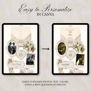 K&ouml;nnte beinhalten: Eine digitale Vorlage auf zwei Tablets, die Hochzeitseinladungs-Sets mit verzierten Rahmen, Blumenarrangements, RSVP-Karten und Fotoplatzhaltern zeigt. Der Text lautet Easy to Personalize IN CANVA und EASILY CUSTOMIZE PHOTOS, TEXT, COLORS, FONTS & RSVP QUESTIONS IN MINUTES.