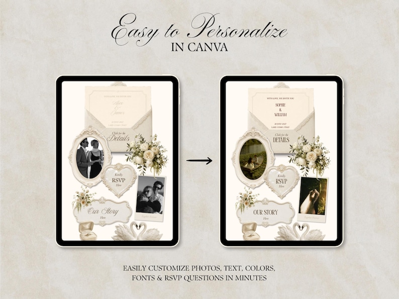 K&ouml;nnte beinhalten: Eine digitale Vorlage auf zwei Tablets, die Hochzeitseinladungs-Sets mit verzierten Rahmen, Blumenarrangements, RSVP-Karten und Fotoplatzhaltern zeigt. Der Text lautet Easy to Personalize IN CANVA und EASILY CUSTOMIZE PHOTOS, TEXT, COLORS, FONTS & RSVP QUESTIONS IN MINUTES.