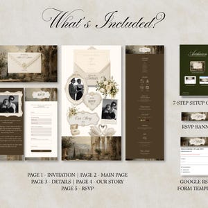 K&ouml;nnte beinhalten: Eine digitale Hochzeitseinladungsvorlage in einer cremefarbenen und dunkelbraunen Farbpalette. Das Set enth&auml;lt eine Haupteinladung, eine Detailseite, eine Story-Seite, ein RSVP-Formular und eine 7-stufige Einrichtungsanleitung. Es umfasst verzierte Rahmen, Blumenstr&auml;u&szlig;e, Schwanenillustrationen und Platzhaltertext f&uuml;r Namen und Daten.