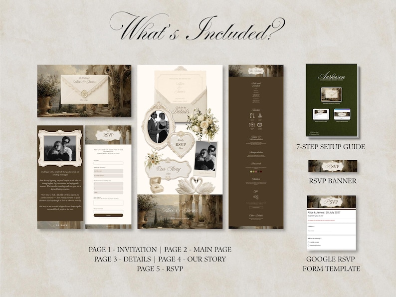 K&ouml;nnte beinhalten: Eine digitale Hochzeitseinladungsvorlage in einer cremefarbenen und dunkelbraunen Farbpalette. Das Set enth&auml;lt eine Haupteinladung, eine Detailseite, eine Story-Seite, ein RSVP-Formular und eine 7-stufige Einrichtungsanleitung. Es umfasst verzierte Rahmen, Blumenstr&auml;u&szlig;e, Schwanenillustrationen und Platzhaltertext f&uuml;r Namen und Daten.