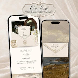 May include: Two smartphones displaying a wedding website template featuring an envelope graphic with the text Alice & James, a ring box, and event details including the date 20 July 2027, time 3:45 pm, and location Villa Serenata via dei Giardini, 18 Bellagio, Lake Como, Italy.