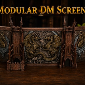 May include: A modular DM screen featuring a brown, weathered stone-like finish with intricate relief carvings of dragons. The central panel displays two dragons facing each other, flanked by two tower structures and side panels with dragon motifs.