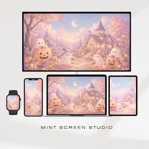 Pastel Halloween Wallpaper BUNDLE, Cute Ghost Pumpkin Apple Watch iPhone iPad Frame TV Set, Dreamy Boo Street Aesthetic Download | SET010