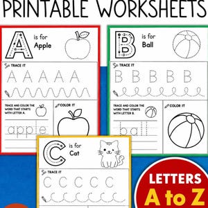 Pode incluir: Folhas de exercícios imprimíveis do alfabeto com 26 páginas de A a Z. Cada página inclui exercícios de traçado para letras maiúsculas e minúsculas, palavras para cobrir e imagens para colorir, como uma maçã, uma bola e um gato.