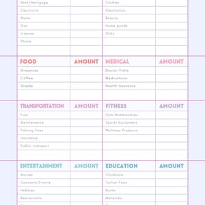 May include: A light purple expenses tracker sheet with a grid layout featuring categories like Fixed Expenses, Shopping, Food, Medical, Transportation, Fitness, Entertainment, and Education. The document includes a blue flower icon and a green arrow.