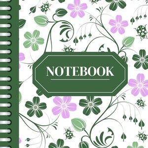 May include: A spiral-bound notebook with a white cover featuring a repeating pattern of dark green and light purple flowers, swirling vines, and small ladybugs. A dark green rectangular label in the center displays the word NOTEBOOK in white.
