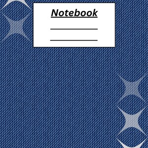May include: A rectangular notebook with a blue denim-textured cover featuring a white rectangular label in the upper center with the word Notebook printed in black text above two horizontal lines and four white four-pointed star shapes.