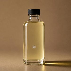 May include: A clear glass bottle filled with a pale yellow liquid, featuring a black ribbed screw-top cap. The front of the bottle displays a small, white lowercase letter 'a' printed in the center. The bottle has a cylindrical body shape.