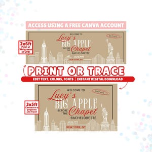 Op de afbeelding: Een digitaal bannertemplate voor een vrijgezellenfeest met een beige achtergrond, een witte illustratie van de skyline van New York, het Vrijheidsbeeld en de rood-zwarte tekst Welcome to Lucy's Big Apple Chapel Bachelorette.