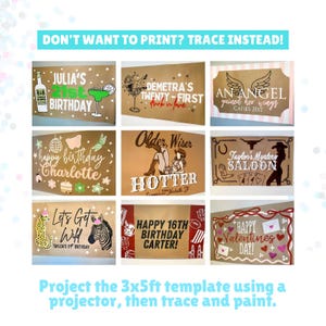 Puede incluir: Un collage de nueve plantillas rectangulares para arte mural a gran escala, con varios temas, textos e ilustraciones. El texto en la parte superior dice DON'T WANT TO PRINT? TRACE INSTEAD! y en la parte inferior Project the 3x5ft template using a projector, then trace and paint.