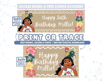 Plantilla editable para pancarta de cumpleaños inspirada en Moana / Imprimible 2x6 / Calcable 3x5 / Descarga digital