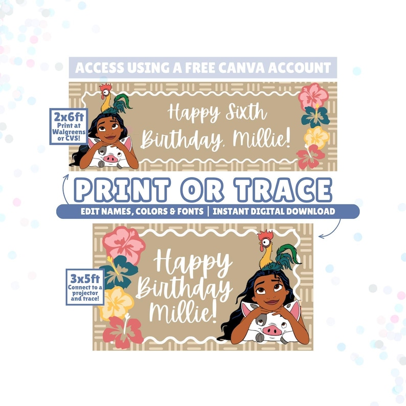May include: A digital birthday banner template featuring a cartoon girl with a rooster on her head and a piglet, with text reading Happy Sixth Birthday Millie. Includes labels for 2x6ft and 3x5ft sizes, plus text stating Access Using A Free Canva Account and Print Or Trace.
