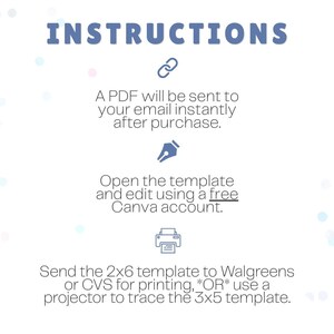 May include: An instructional graphic with the title INSTRUCTIONS in blue text. It includes icons for a link, a pen nib, and a printer. The text explains that a PDF is sent via email, templates are edited in Canva, and 2x6 or 3x5 templates are printed.