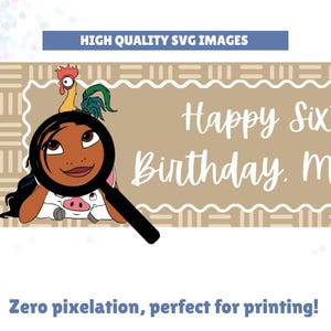 May include: A digital graphic featuring a tan rectangular banner with a scalloped white border and the text Happy Birthday. A cartoon character with long dark hair, a rooster, and a pig are visible, partially obscured by a black magnifying glass.