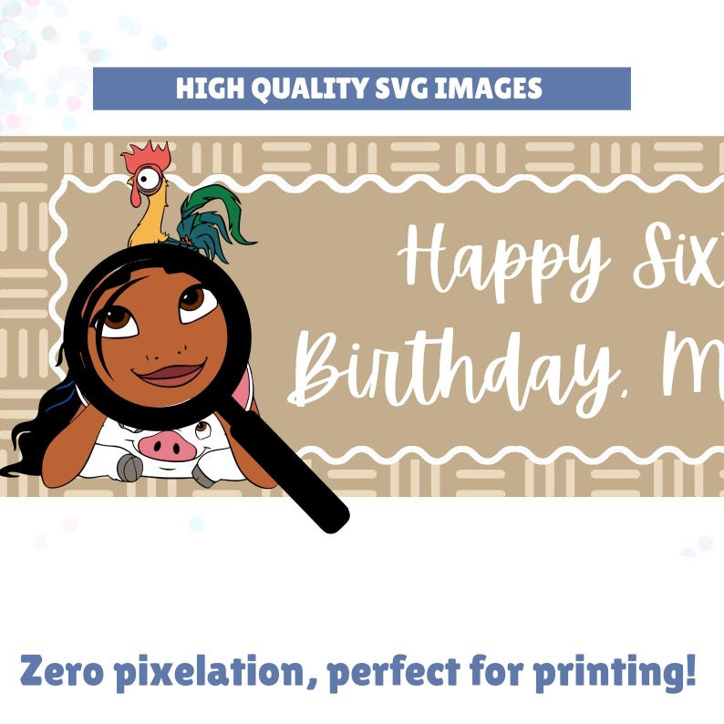 May include: A digital graphic featuring a tan rectangular banner with a scalloped white border and the text Happy Birthday. A cartoon character with long dark hair, a rooster, and a pig are visible, partially obscured by a black magnifying glass.