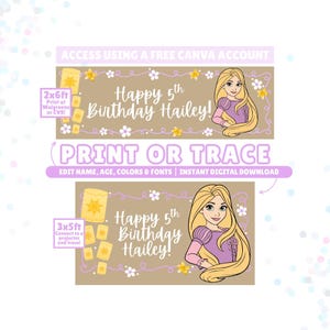 May include: A digital birthday banner template featuring a cartoon character with long blonde hair in a purple dress. The design includes the text Happy 5th Birthday Hailey!, yellow lanterns, and white flowers on a tan background. Includes 2x6ft and 3x5ft options.