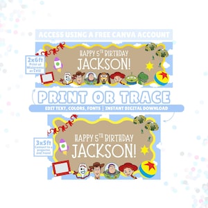 Puede incluir: Una plantilla de banner de cumpleaños digital con personajes de Toy Story como Woody, Buzz Lightyear y Jessie. El diseño incluye el texto HAPPY 5TH BIRTHDAY JACKSON! sobre un fondo beige con borde amarillo, cielo azul y nubes.