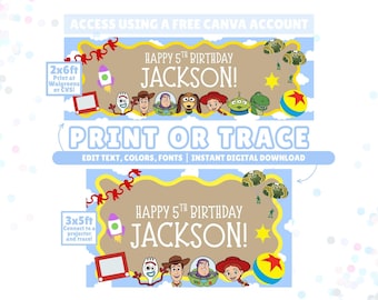 May include: A digital birthday banner template featuring Toy Story characters including Woody, Buzz Lightyear, and Jessie. The design includes the text HAPPY 5TH BIRTHDAY JACKSON! on a tan background with a yellow border, blue sky, and clouds.