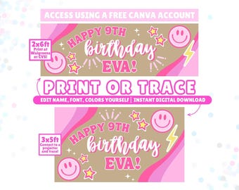 May include: A digital birthday banner template featuring the text HAPPY 9TH birthday EVA! in pink and white. The design includes pink smiley faces, yellow stars, and lightning bolts on a tan background with pink wavy stripes. Includes text instructions.
