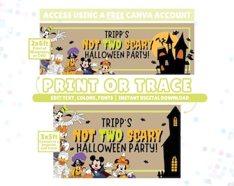 Halloween Musse Pigg-inspirerat, inte två läskigt tema, redigerbar bannermall, utskrivbar, spårbar, digital nedladdning