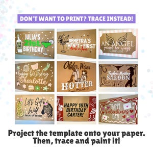 May include: A collection of nine rectangular templates for birthday and holiday signs featuring various graphic designs and text including Julia's 21st Birthday, Demetra's Twenty-First, An Angel Gained Her Wings, Happy Birthday Charlotte, Older Wiser Hotter, Taylor's Mystery Saloon, Let's Get Wild, Happy 16th Birthday Carter, and Happy Valentines Day.