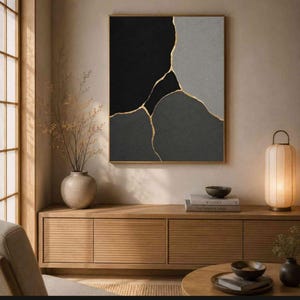 Art mural Kintsugi, estampe Wabi Sabi, décoration murale Japandi, œuvre d'art abstraite noire et or, affiche minimaliste japonaise, téléchargement numérique