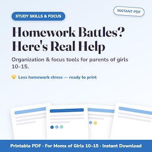 Può includere: Un documento digitale intitolato Homework Battles? Here's Real Help, con strumenti di organizzazione e concentrazione per genitori di ragazze dai 10 ai 15 anni. Include un'icona a cuore giallo, il testo Less homework stress e quattro pagine PDF.