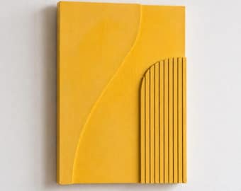 Moderne gele cementmuurkunst | Minimale betonnen muurdecoratie | Eenvoudig te installeren wandsculptuur