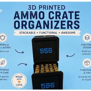 Anpassad 3D-utskriven ammunitionslåda | Stapelbar ammunitionsförvaringslåda | Personlig ammunitionshållare i kaliber | 9 mm, .22LR, 5.56 och mer