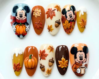 Handmade Autumn Mickey Press On Nails, Fall Disney Fake Nails, 3D Gel Pumpkin Leaf Nail Art, False Nails Set