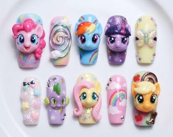 Handmade My Little Pony Press On Nails, Cute Cartoon Fake Nails, 3D Gel Rainbow Pony Nail Art, Kawaii False Nails Set