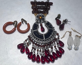 Vintage Jewelry Lot Avon Red Teardrop Necklace Orange Hoops UV Reactive Earrings