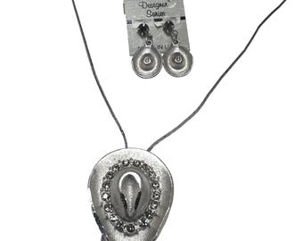 Vintage Designer Series Silver Cowboy Hat Bolo Necklace and Earrings Set Grey